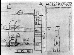 Le 22 février 1942, Alfred Weisskopf, âgé de 10 ans, fut déporté de Prague vers Theresienstadt.
Là, il fit ce dessin.
Il fut plus tard, envoyé à Auschwitz où il fut assassiné en décembre 194