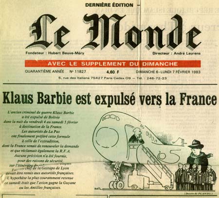 La Une du journal Le Monde annonce l'expulsion de Klaus Barbie (6-7 février 1983)