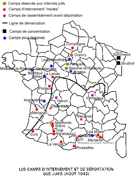 Carte des camps en France — camps d'internement et de déportation des juifs — août 1942