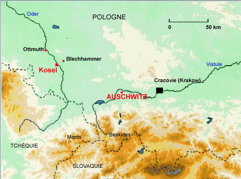 Carte du sud de la Pologne situant la gare de Kosel et les deux camps secondaires d'Ottmuth et de Blechhammer