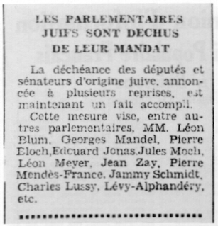 Déportation dans l'Aisne : les parlementaires juifs sont déchus de leur mandat