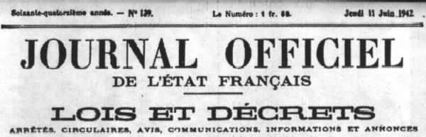 Journal Officiel — Décret du 6 juin 1942 concernant les Juifs