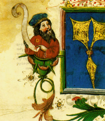 Etoile jaune — pourquoi le jaune — Enluminure sur un manuscrit du Moyen-Age :
vers 1460, un juif allemand porte la rouelle.
Manuscrit Add. 14762, British Library, Londres