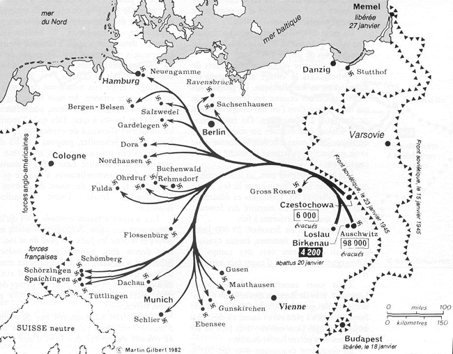 Carte des marches de la mort à partir d'Auschwitz (Carte de Martin Gilbert)- La Libération du camp d'Auschwitz