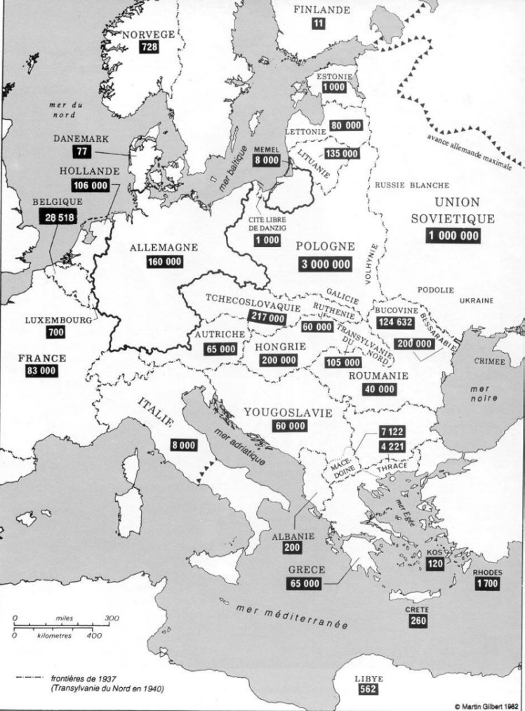 Carte tirée de Martin Gilbert, Atlas de la Shoah. Nombre des victimes du système concentrationnaire nazi