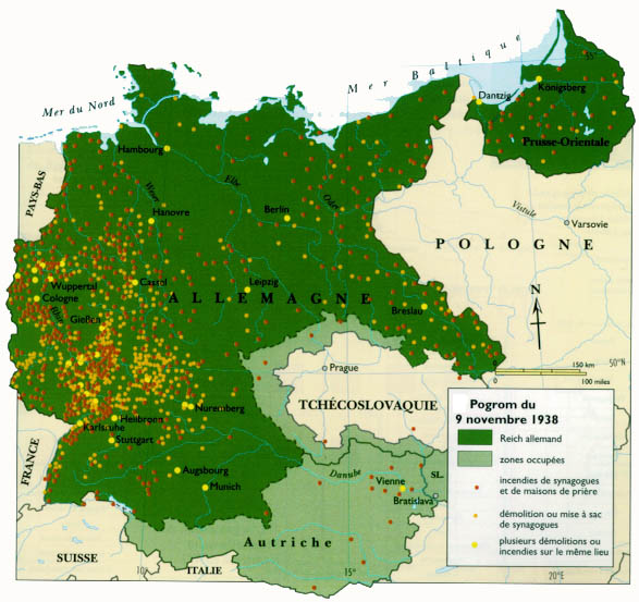 La Nuit de Cristal — Carte des incendies et démolitions de synagogues - 9 novembre 1938