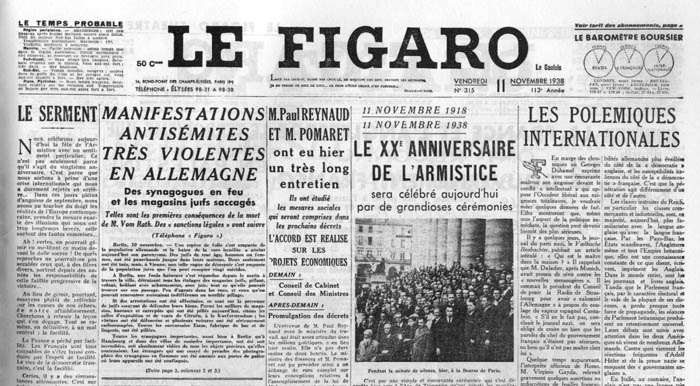 Le Figaro du 11 novembre 1938 rend compte des violences de la Nuit de Cristal