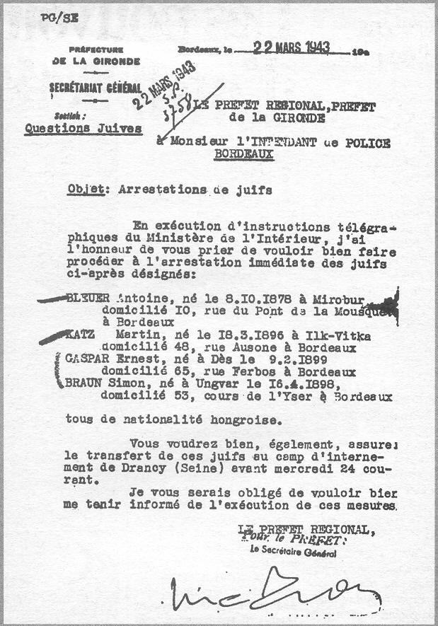 Une lettre de Papon permet la déportation de quatre Juifs de Bordeaux