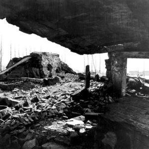  Les ruines de la chambre à gaz du Crématoire II. (Photo prise après la Libération. )