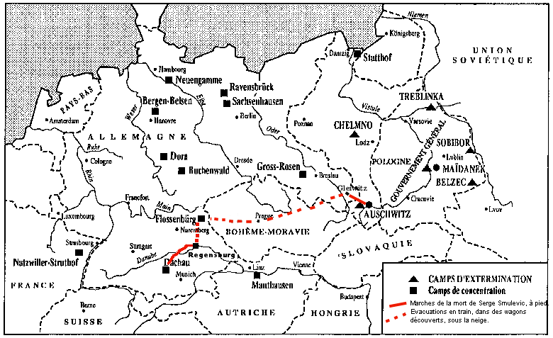  Itinéraires des marches de la mort qui conduisirent Serge Smulevic d'Auschwitz à Dachau