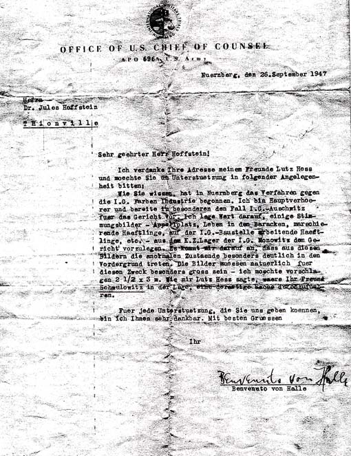 procès d'IG-Farben à Nuremberg. lettre de Monsieur Benvenuto von Halle,
Auditeur Principal au Procès contre la IG- Monowitz - lettre du 26 septembre 1947.