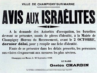 Avis aux israélites - Loi du 23 juin 1941 - affiche champigny sur marne