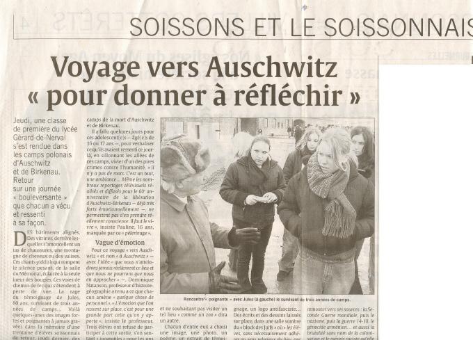 L'Union, en mars 2005, rapporte le voyage vers Auschwitz avec mes élèves